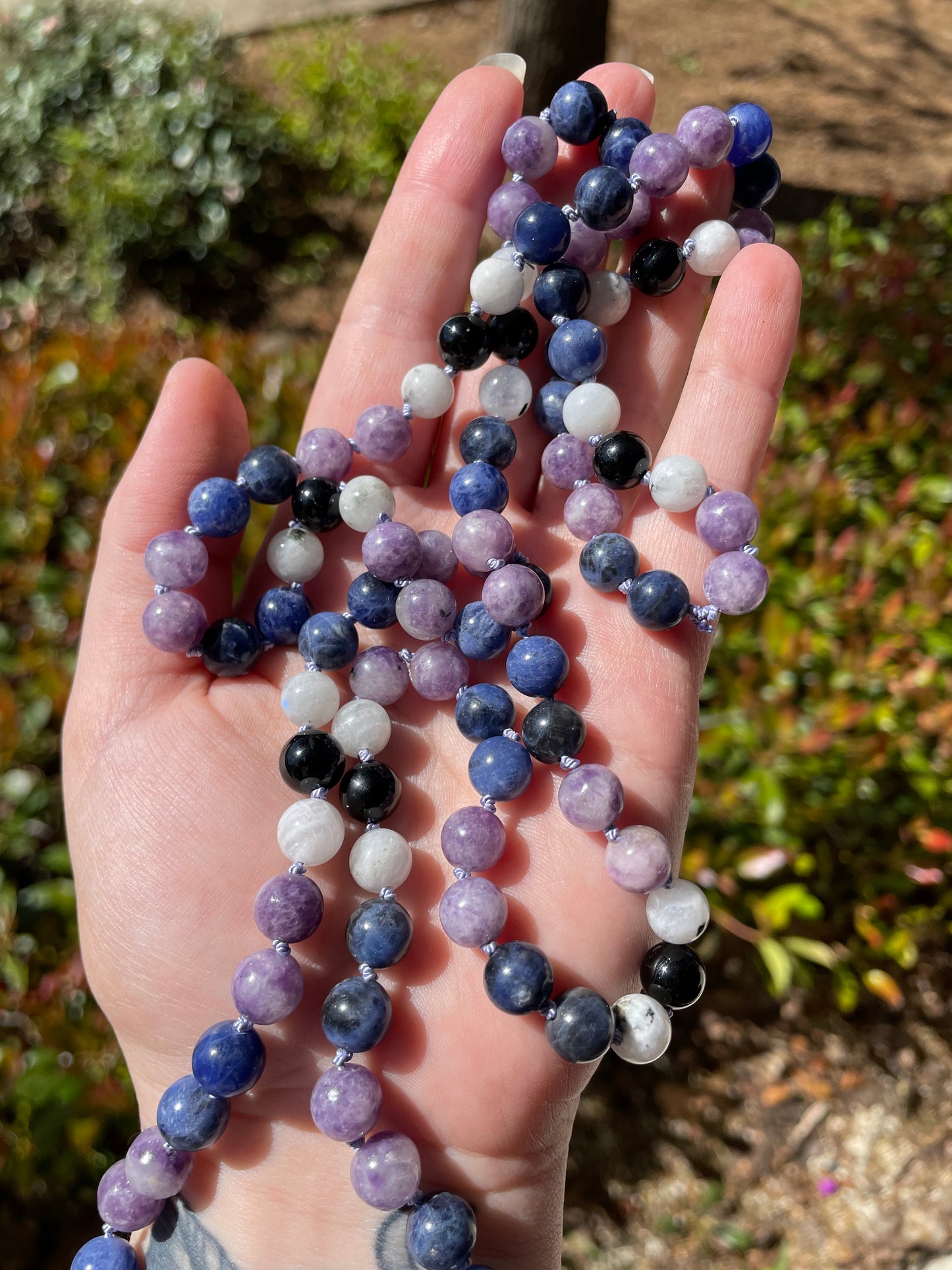 Feminine Connection Crystal Necklace with Sodalite, Moonstone, Lepidolite, Clear Quartz, and Black Tourmaline for emotional balance