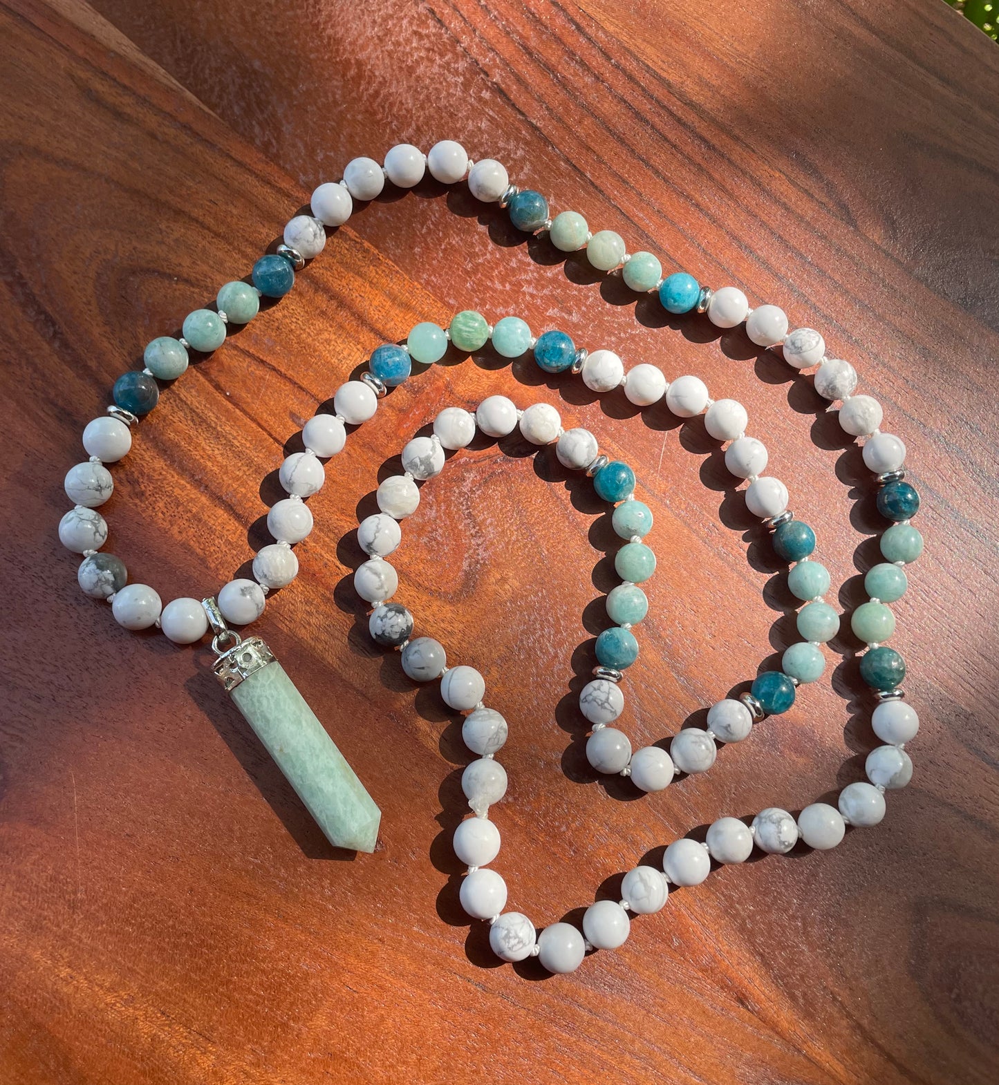 Emotion Balancing and Calming Howlite, Amazonite, and Blue Apatite Crystal Beaded Necklace