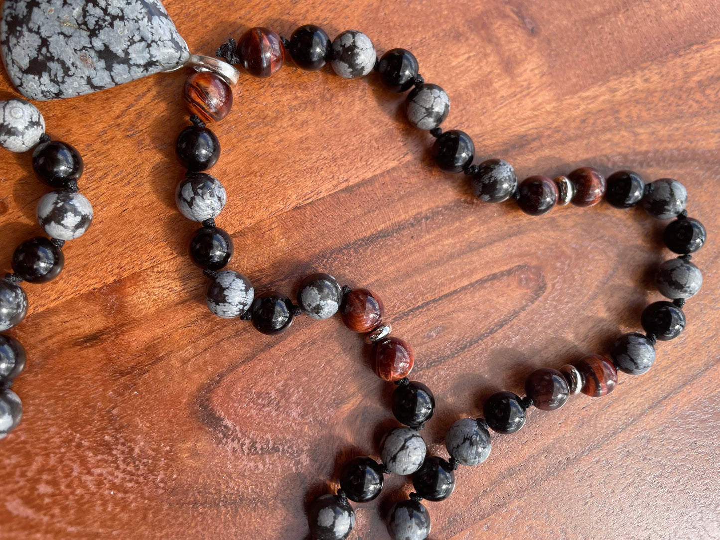 Protection- Tigers Eye, Onyx, & Snowflake Obsidian Crystal Beaded Mala Necklace