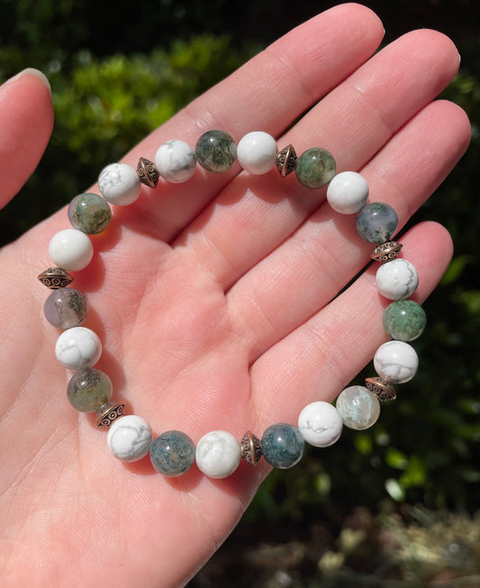 Emotion Balancing & Calming Moss Agate and Howlite Crystal Stretchy Bracelet