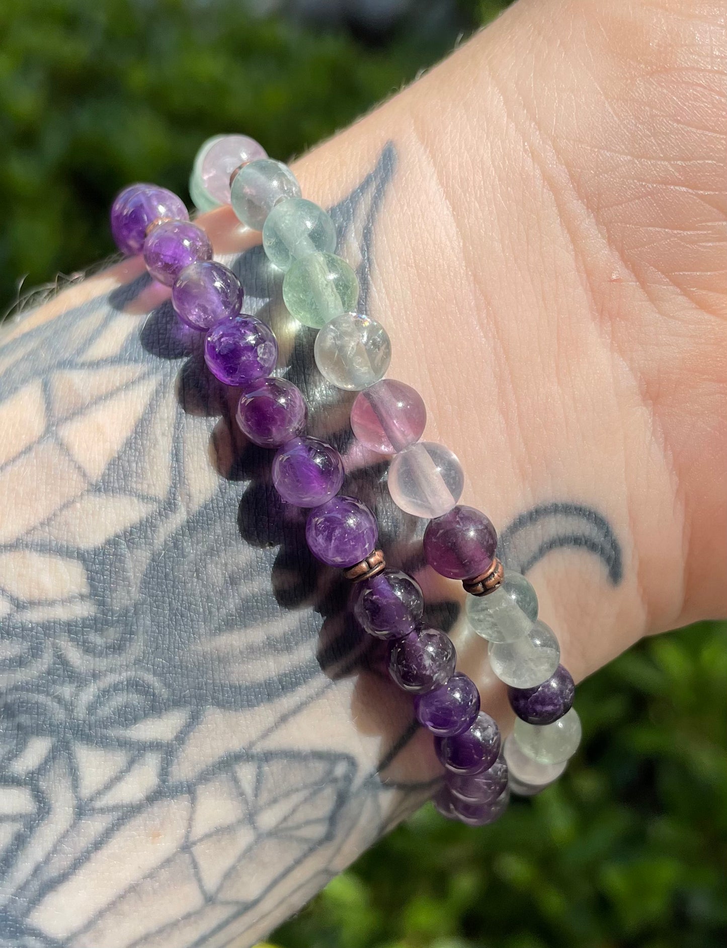 Calming and Anxiety Easing Rainbow Flourite and Amethyst Crystal Beaded Bracelets