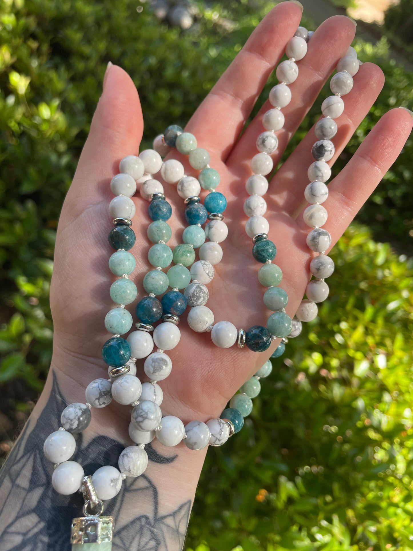 Emotion Balancing and Calming Howlite, Amazonite, and Blue Apatite Crystal Beaded Necklace