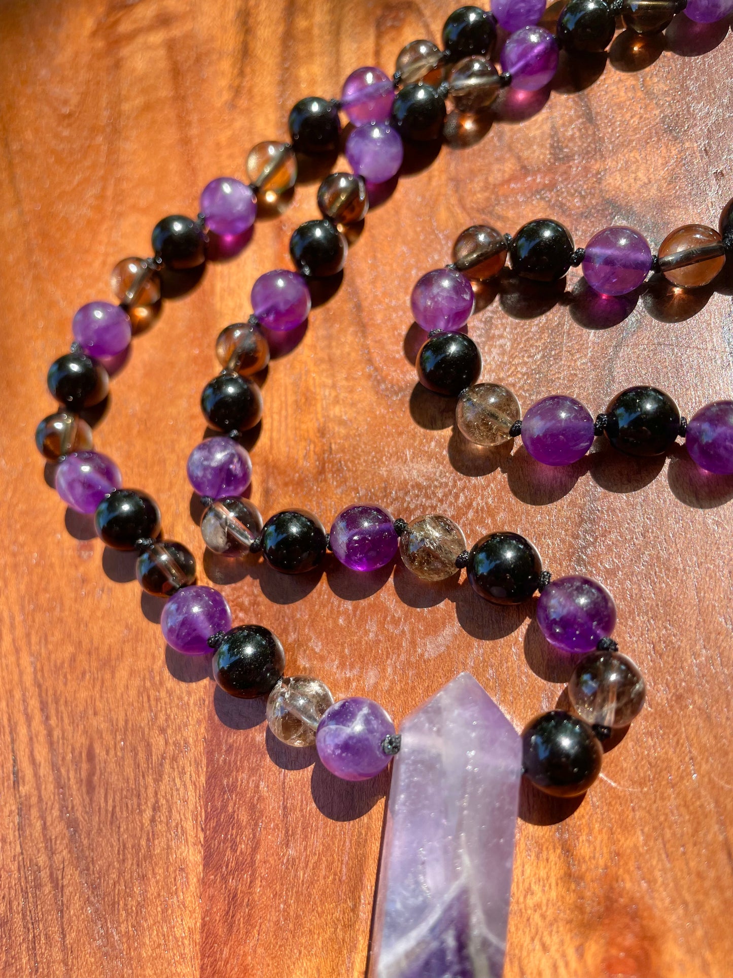 Grounding & Anxiety Help Amethyst, Obsidian, and Smokey Quartz Crystal Beaded Necklace