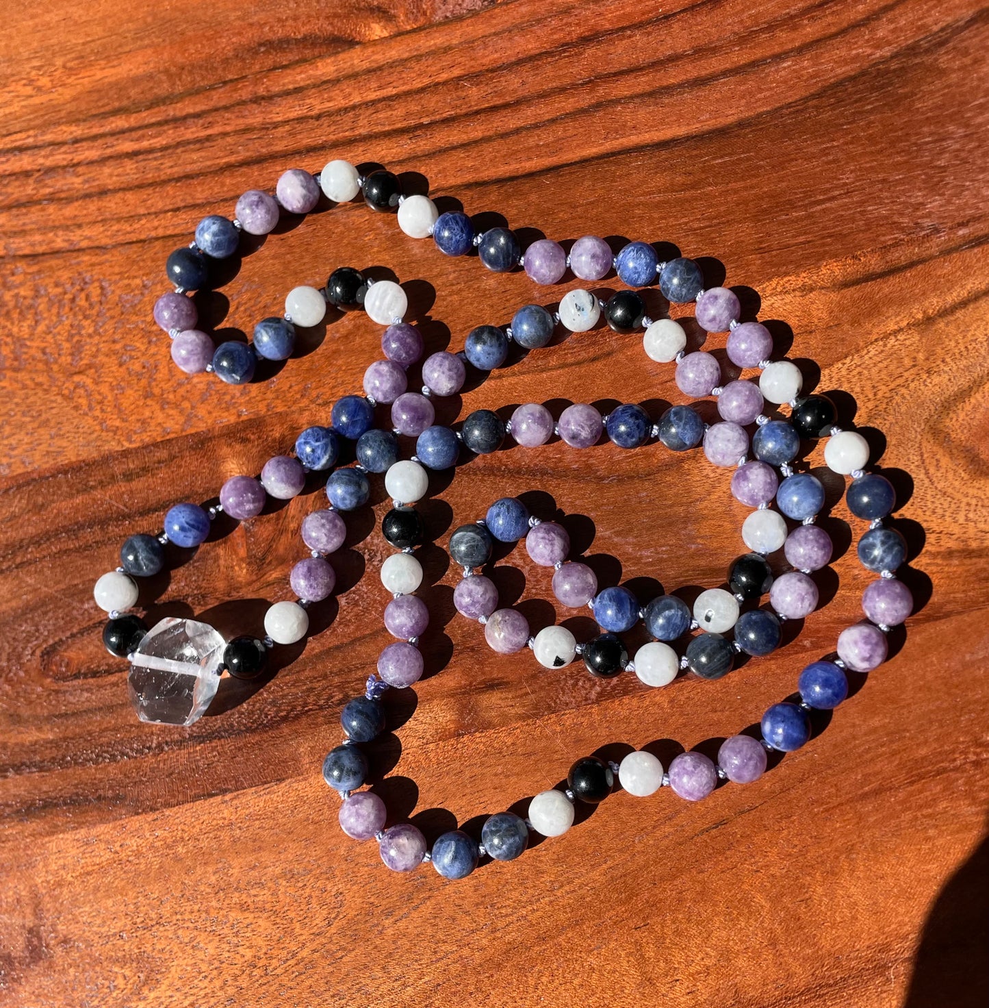 Feminine Connection Crystal Necklace with Sodalite, Moonstone, Lepidolite, Clear Quartz, and Black Tourmaline for emotional balance