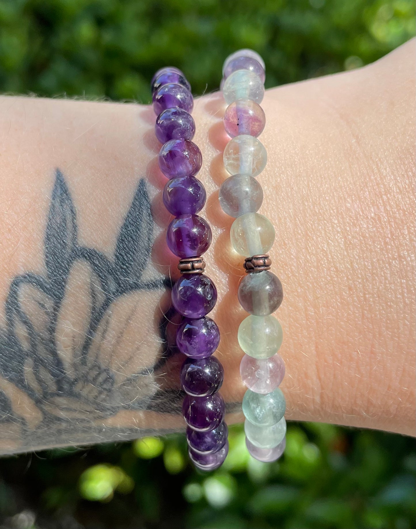 Calming and Anxiety Easing Rainbow Flourite and Amethyst Crystal Beaded Bracelets