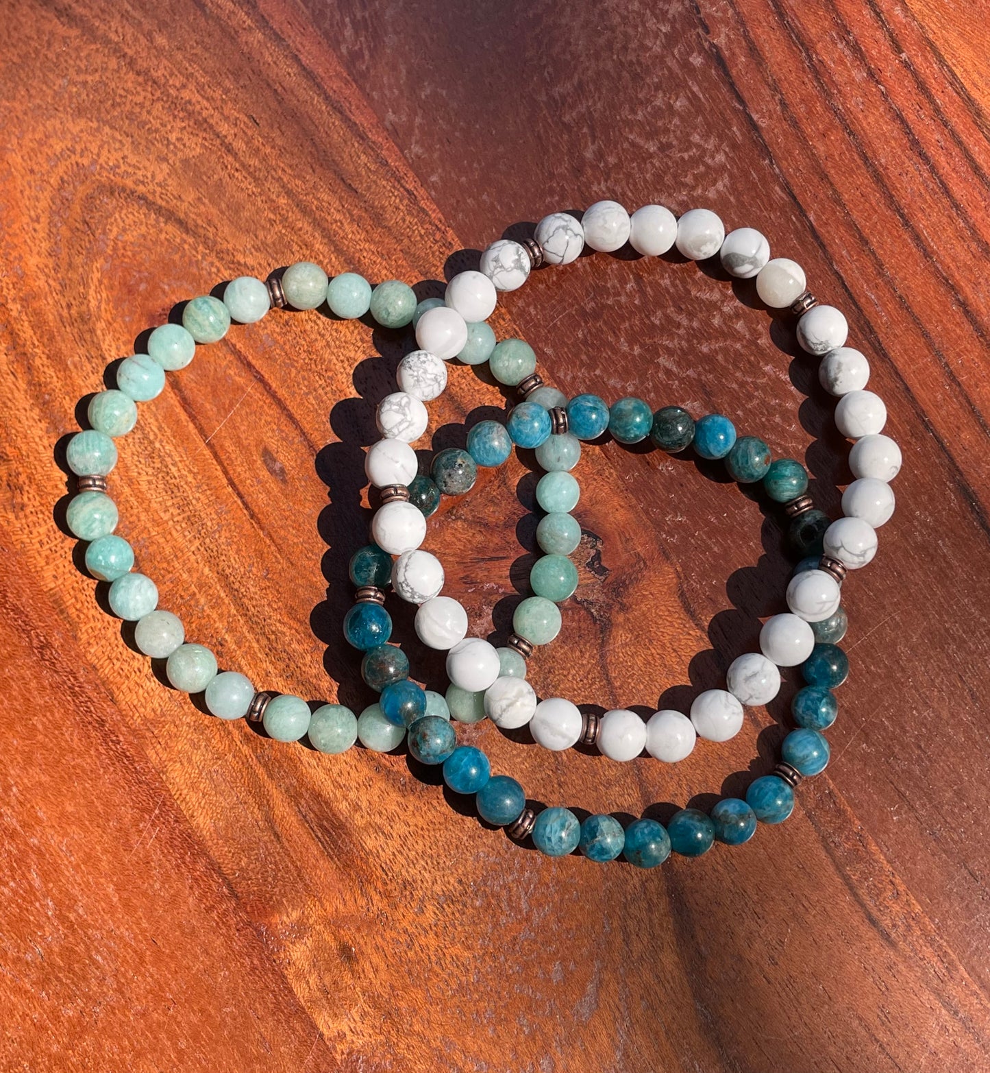 Emotion Balancing and Calming Howlite, Amazonite, and Blue Apatite Crystal Beaded Stackable Bracelet Set