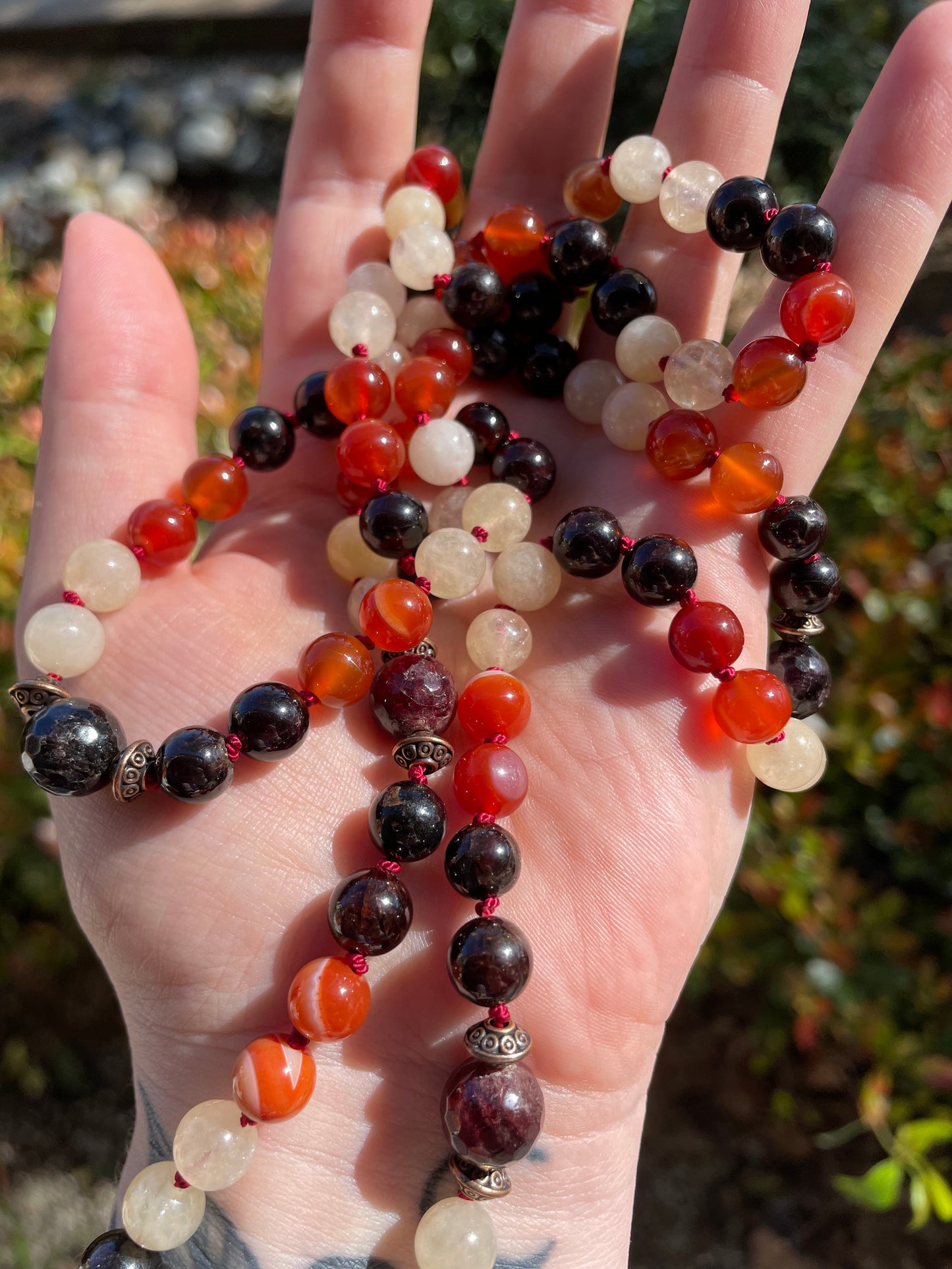 Personal Power Confidence Crystal Mala with Garnet, Carnelian, Yellow Calcite, and Quartz.