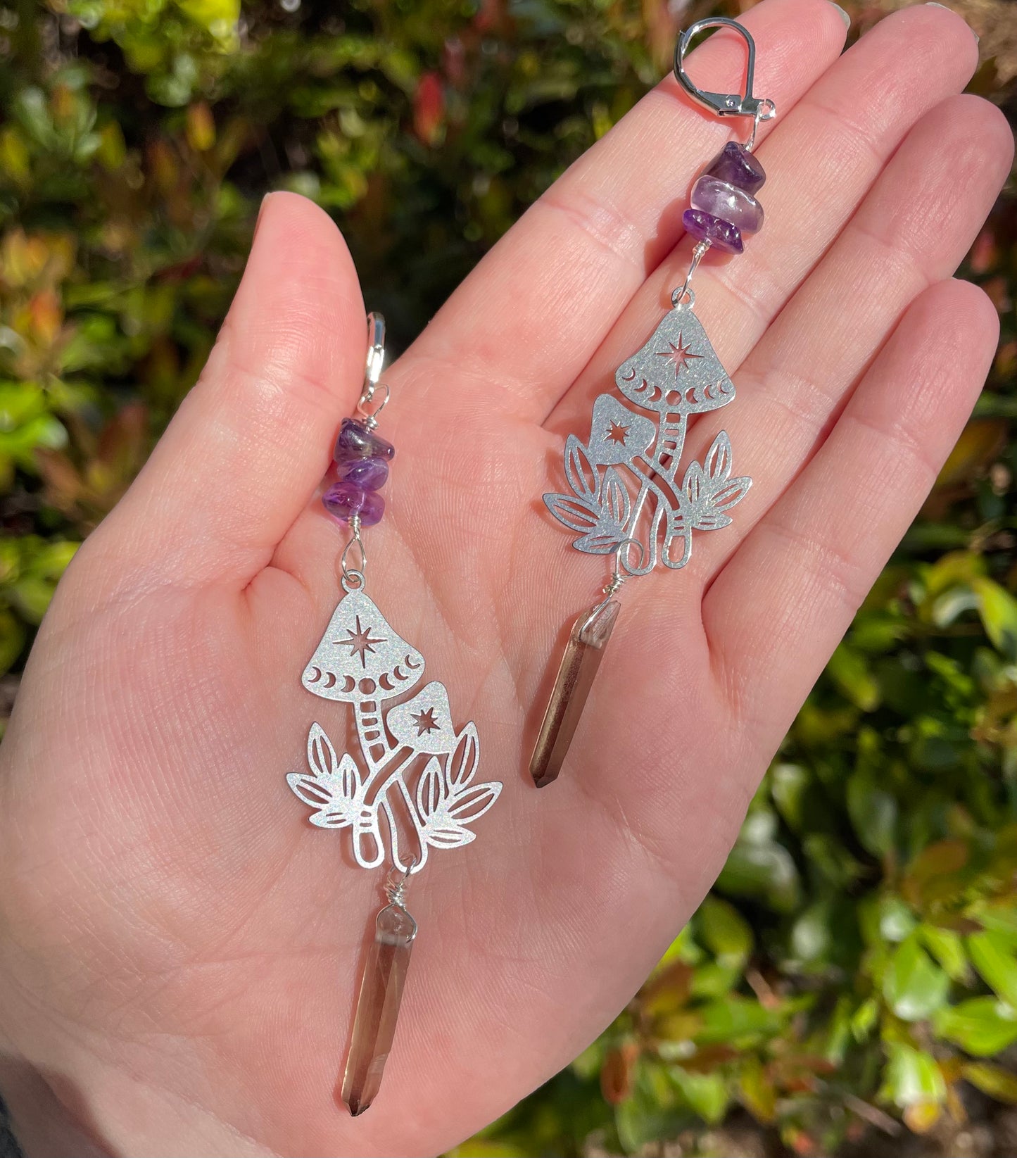 Crystal & Mushrooms Earrings with Amethyst and Smokey Quartz