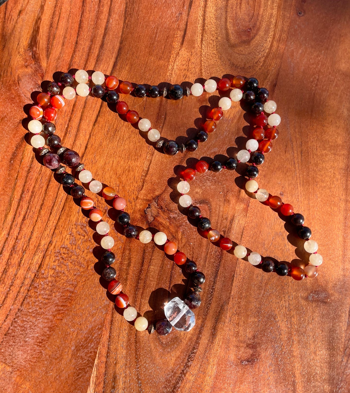 Personal Power Confidence Crystal Mala with Garnet, Carnelian, Yellow Calcite, and Quartz.