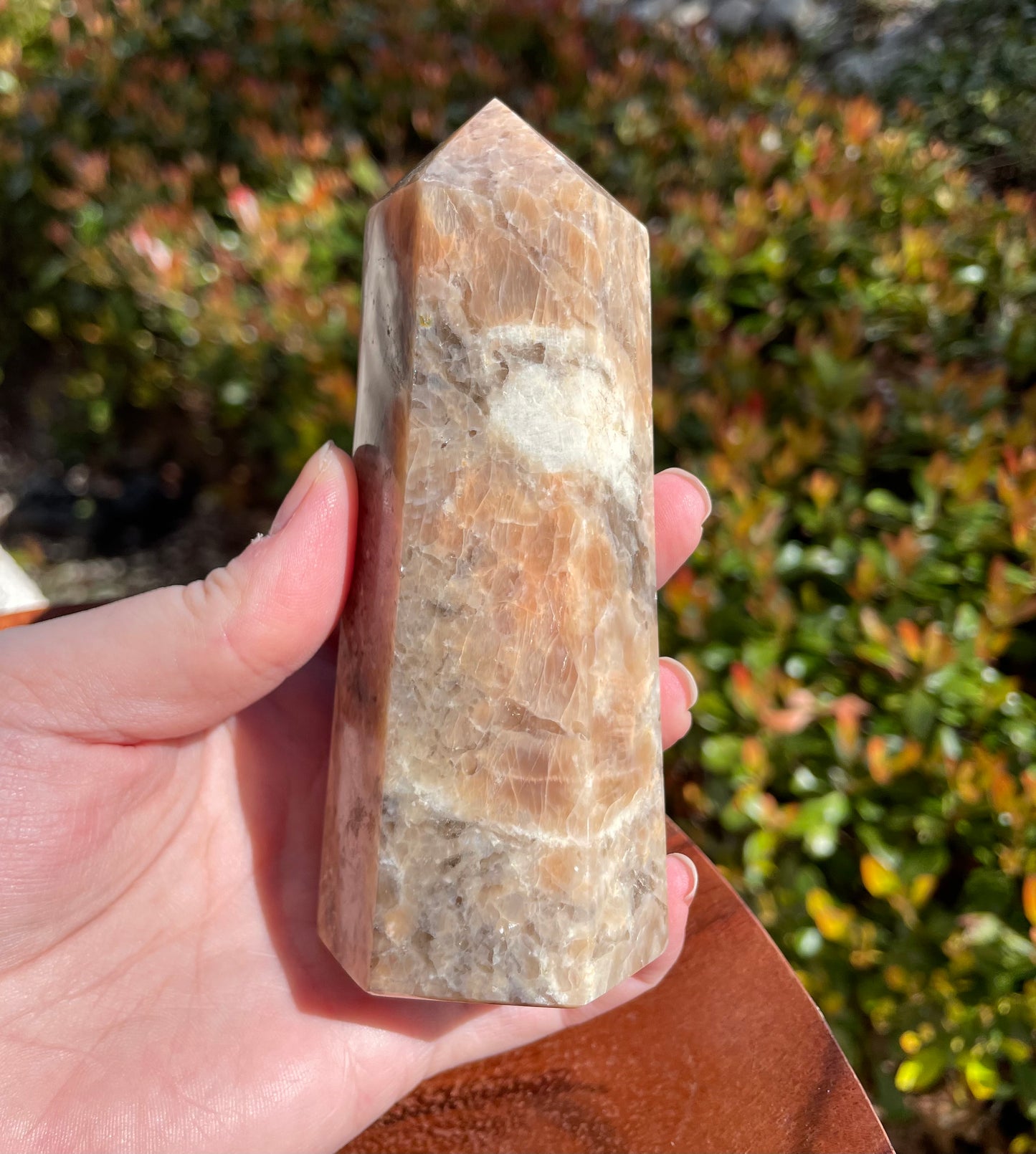 3.75” Peach Moonstone with Smokey Quartz Crystal Tower