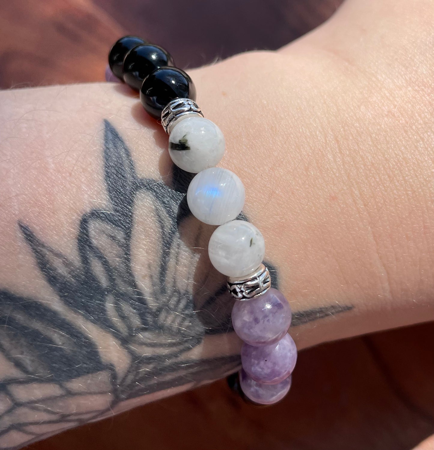 Lepidolite, Onyx, & Moonstone Crystal Bracelet for an Anxious Mind