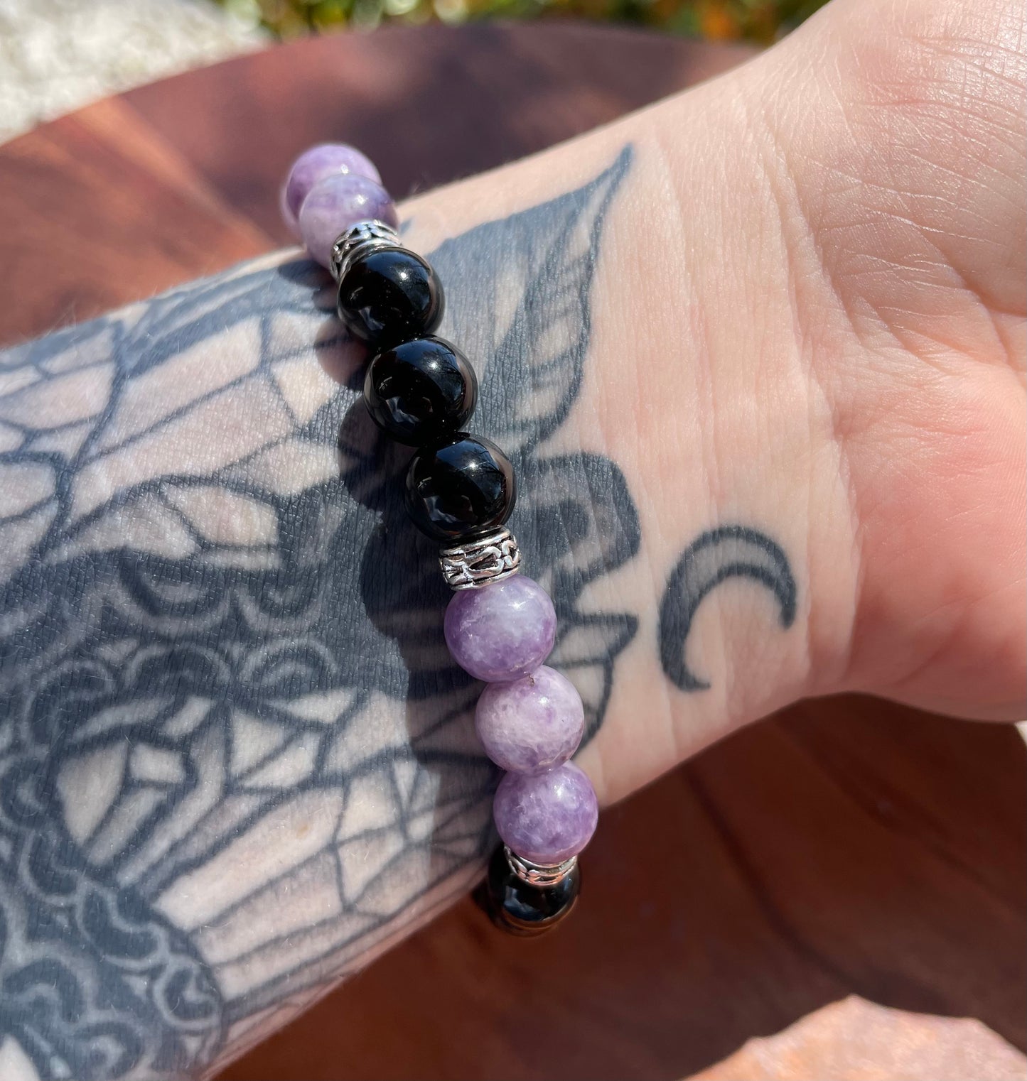 Lepidolite, Onyx, & Moonstone Crystal Bracelet for an Anxious Mind