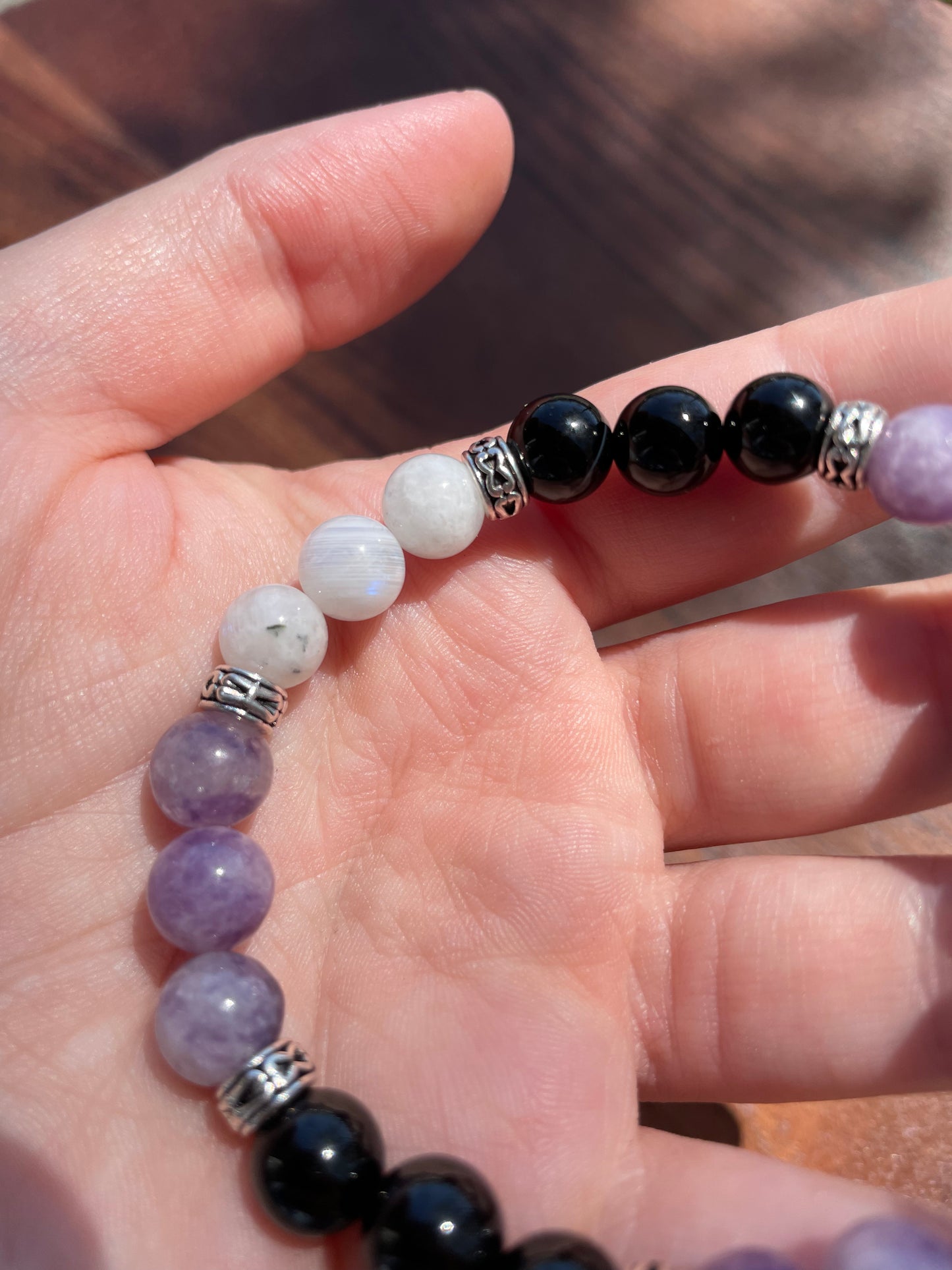 Lepidolite, Onyx, & Moonstone Crystal Bracelet for an Anxious Mind