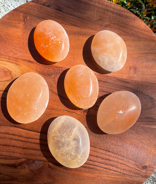 Peach Satin Spar Selenite Palm Stones