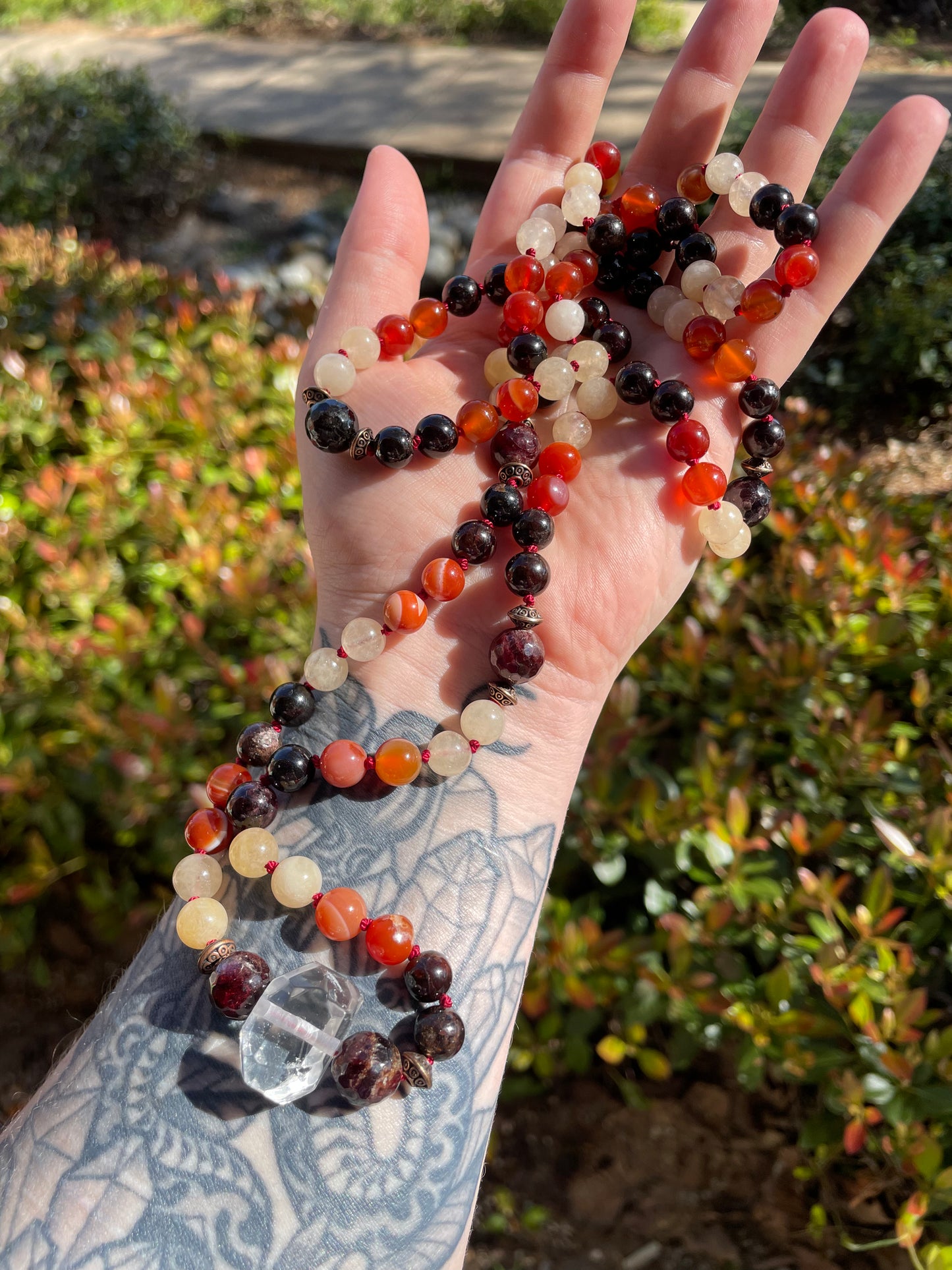 Personal Power Confidence Crystal Mala with Garnet, Carnelian, Yellow Calcite, and Quartz.