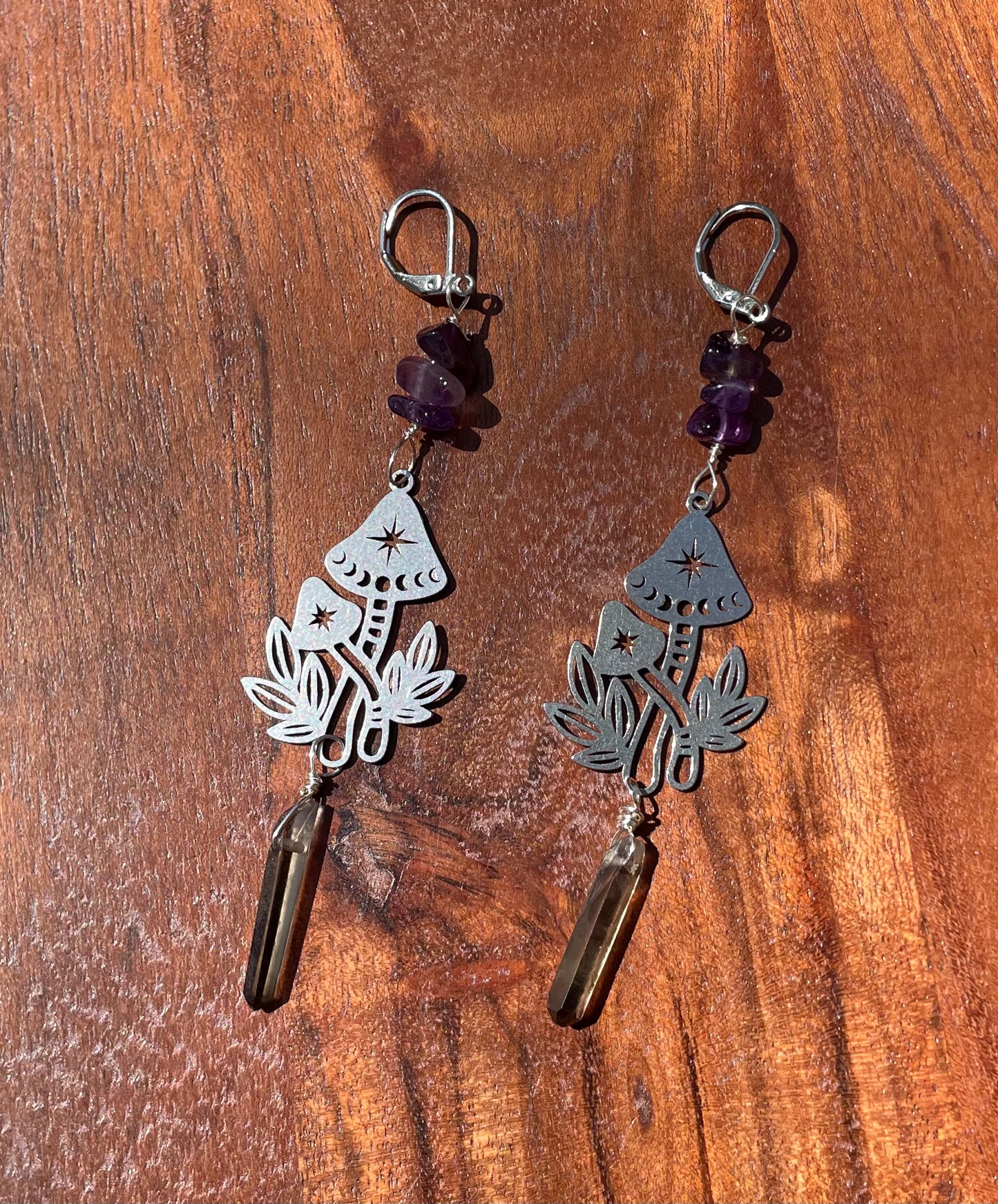 Crystal & Mushrooms Earrings with Amethyst and Smokey Quartz