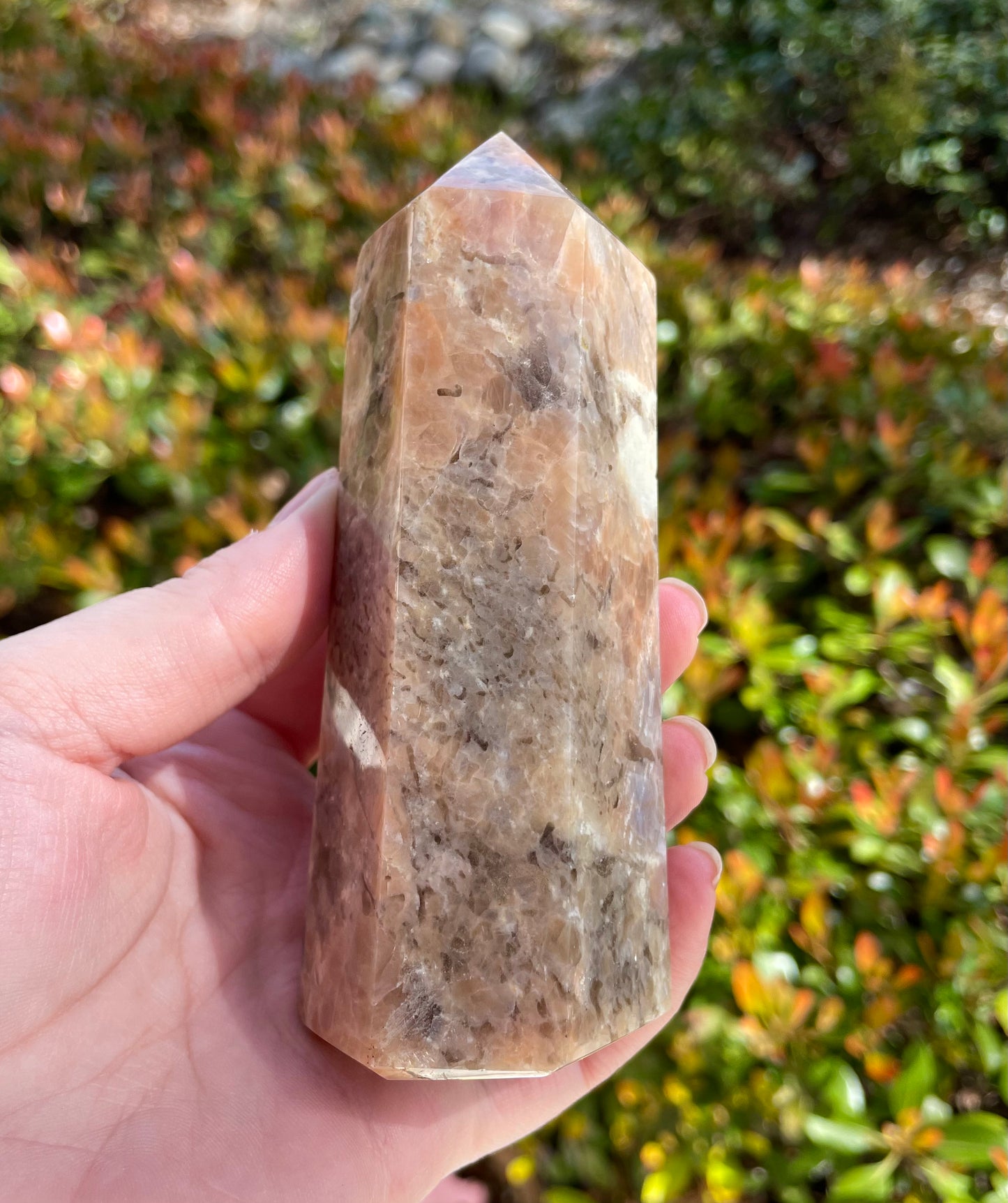 3.75” Peach Moonstone with Smokey Quartz Crystal Tower