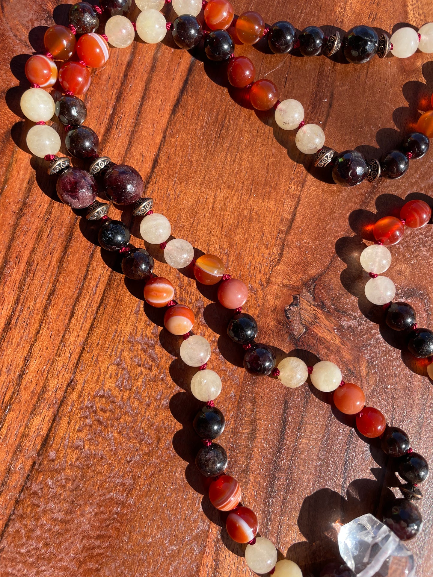 Personal Power Confidence Crystal Mala with Garnet, Carnelian, Yellow Calcite, and Quartz.