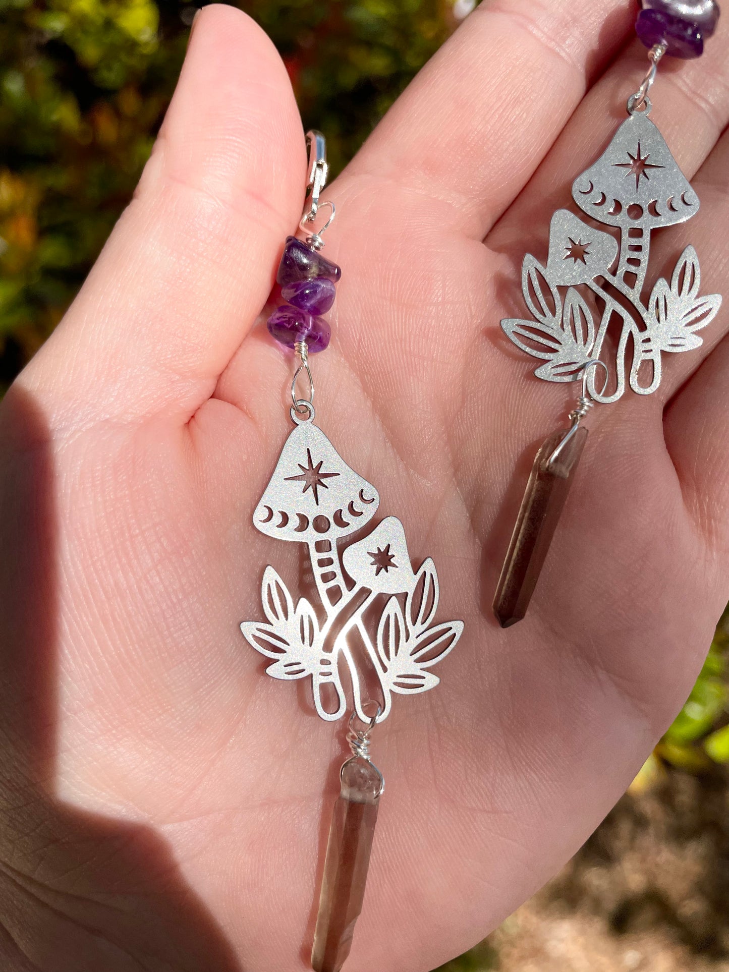 Crystal & Mushrooms Earrings with Amethyst and Smokey Quartz