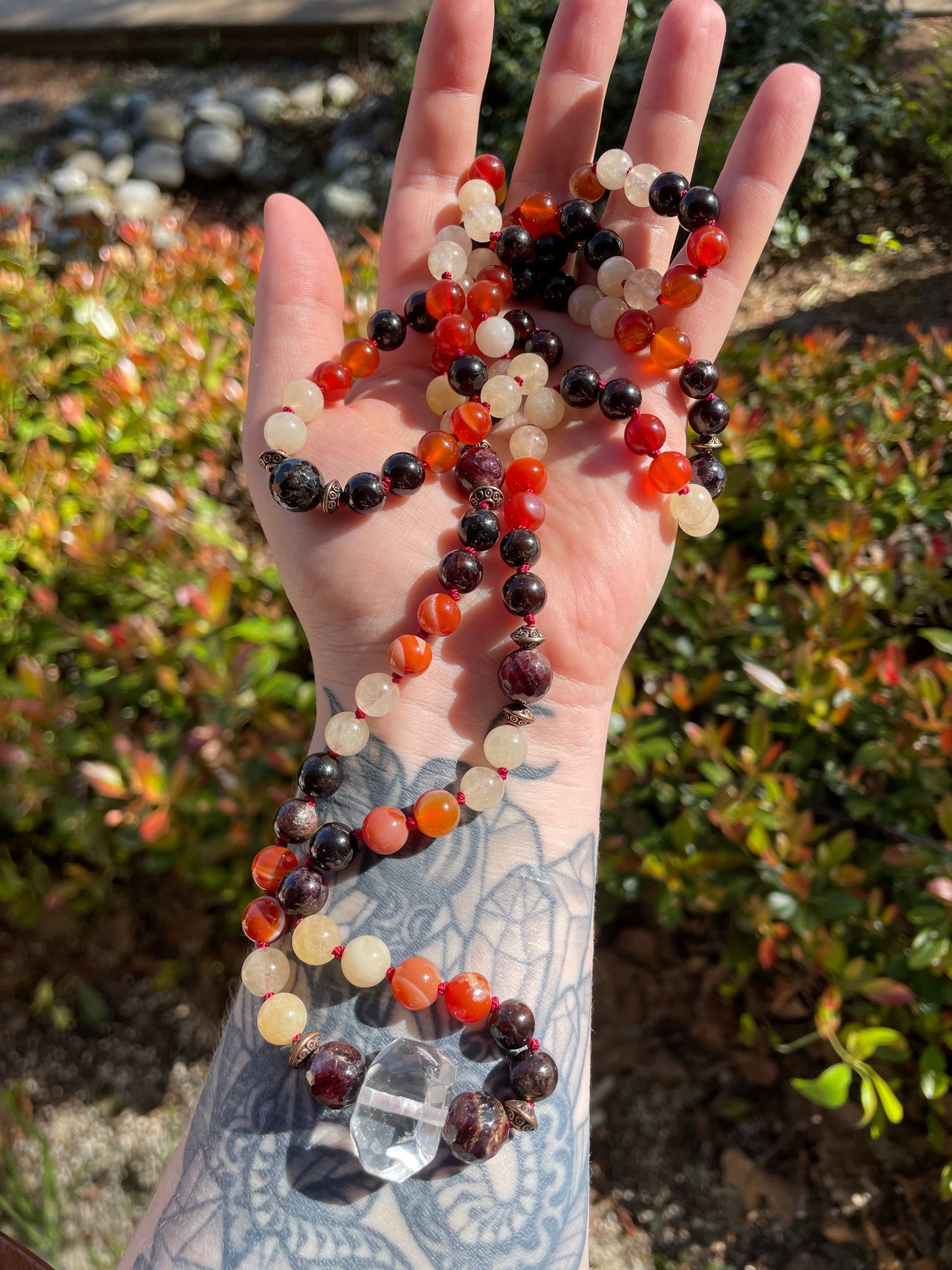 Personal Power Confidence Crystal Mala with Garnet, Carnelian, Yellow Calcite, and Quartz.