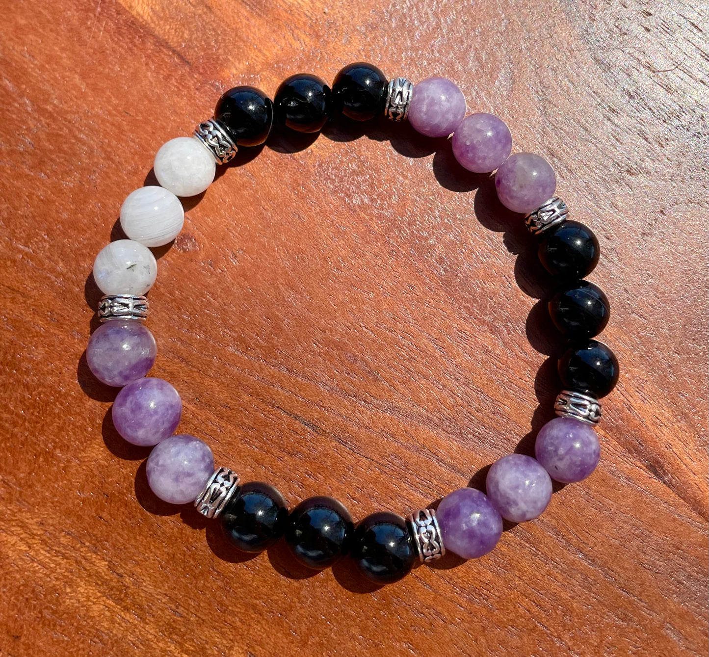 Lepidolite, Onyx, & Moonstone Crystal Bracelet for an Anxious Mind