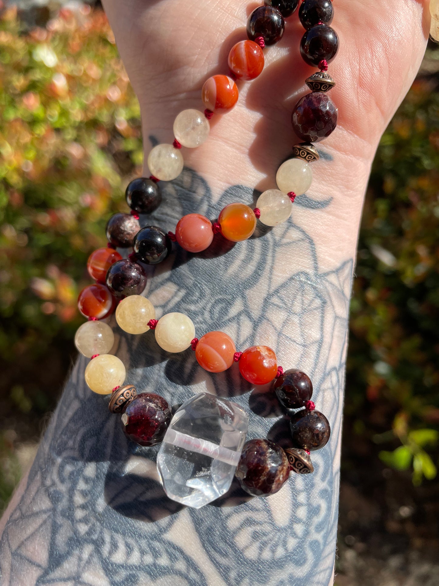 Personal Power Confidence Crystal Mala with Garnet, Carnelian, Yellow Calcite, and Quartz.