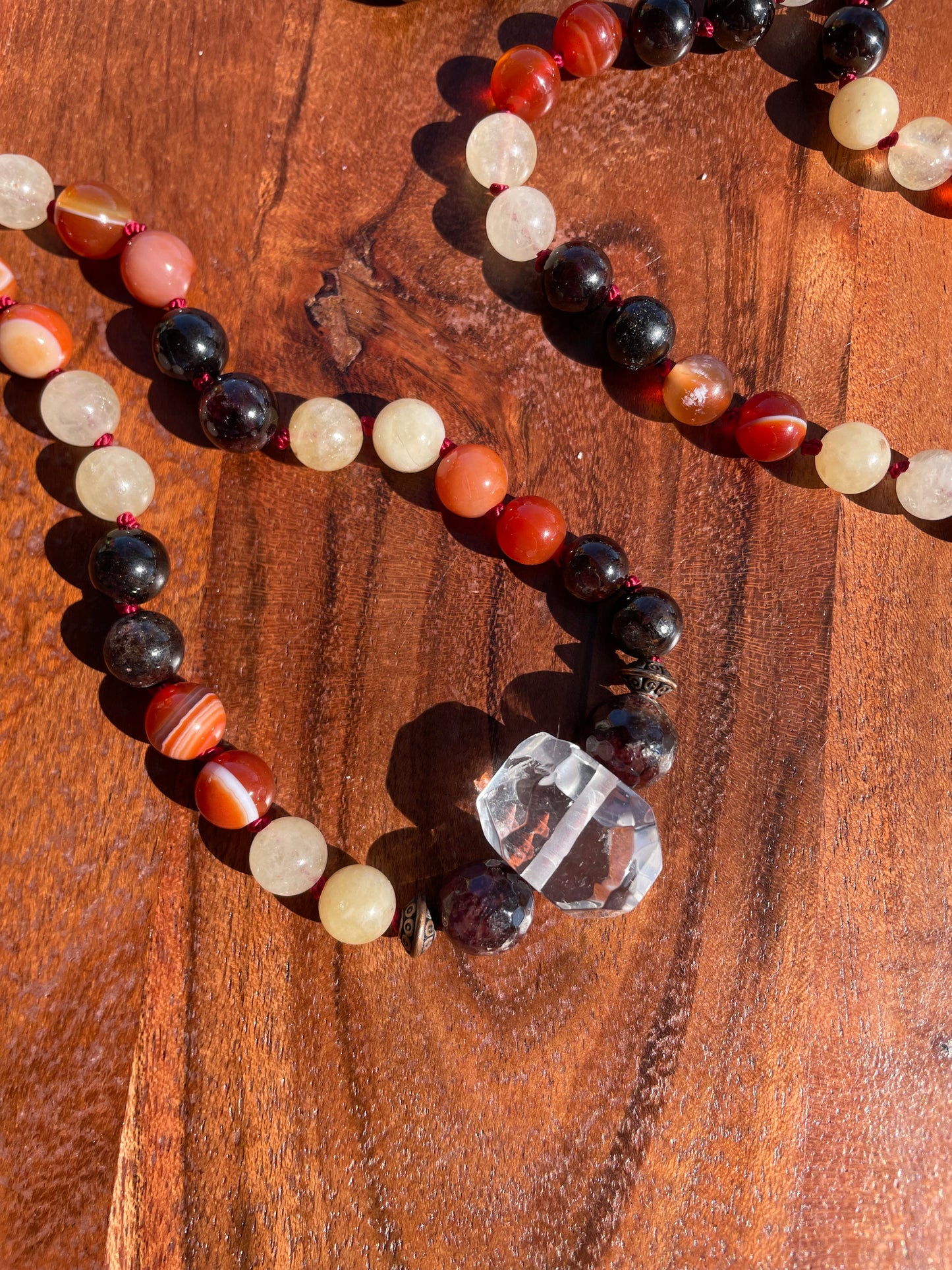 Personal Power Confidence Crystal Mala with Garnet, Carnelian, Yellow Calcite, and Quartz.